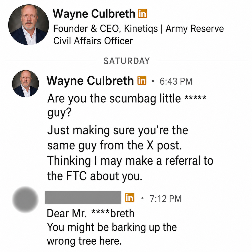 Message Wayne Culbreth sent to another CEO via Linkedin, redacted.